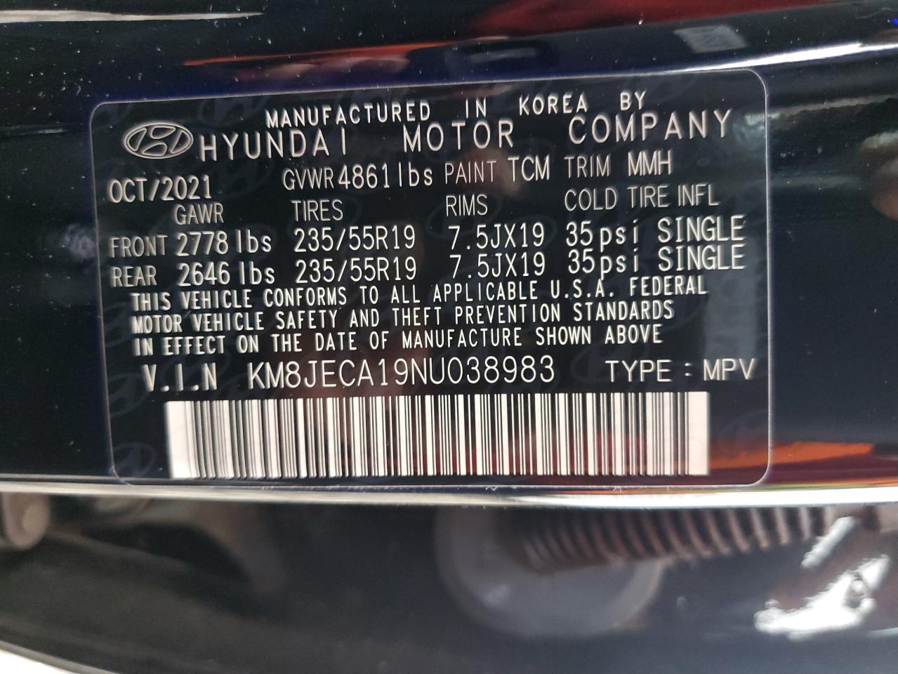 2022 HYUNDAI TUCSON LIMITED VIN:KM8JECA19NU038983