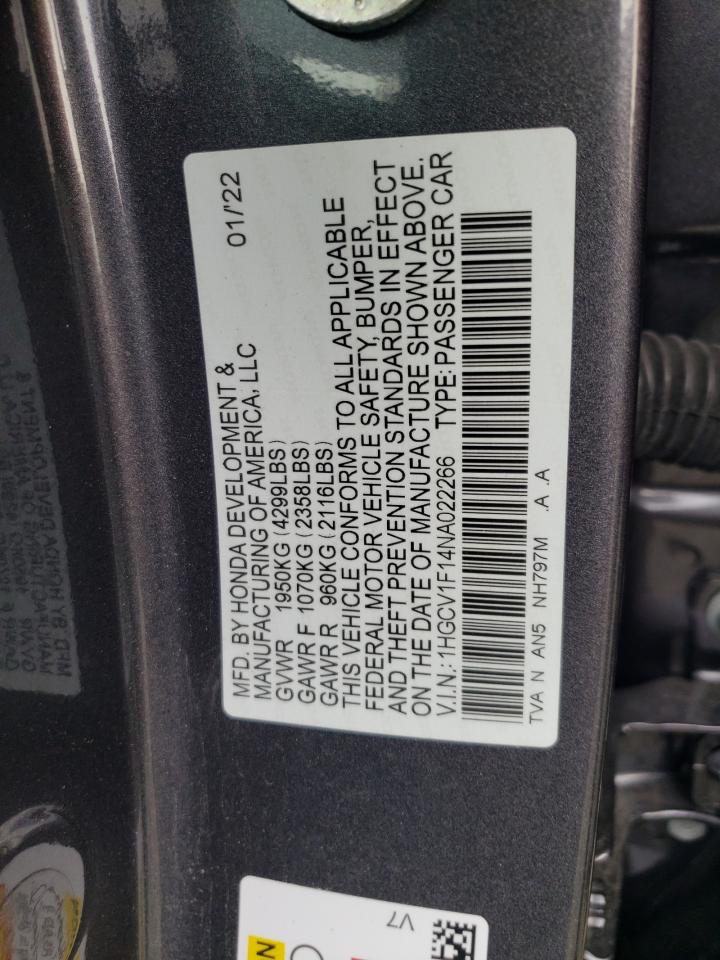 2022 HONDA ACCORD LX VIN:2T1BURHE8KC153784