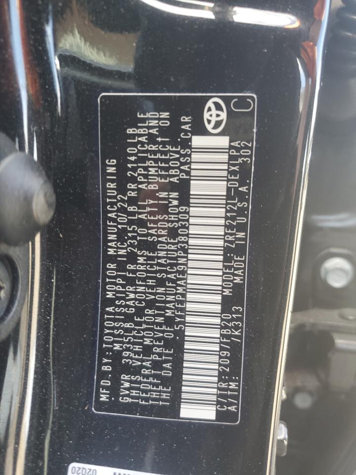 2022 TOYOTA COROLLA LE VIN:5YFEPMAE9NP380309