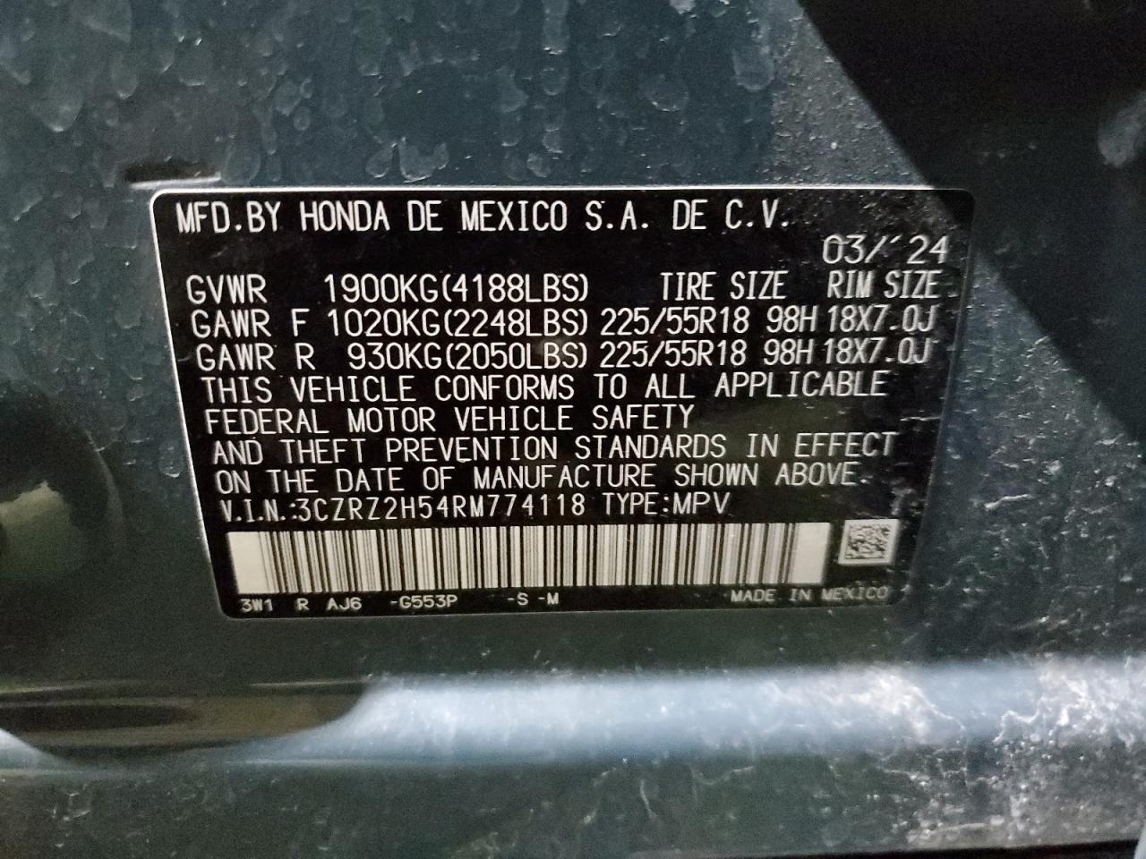 2024 HONDA HR-V SPORT VIN:3CZRZ2H54RM774118