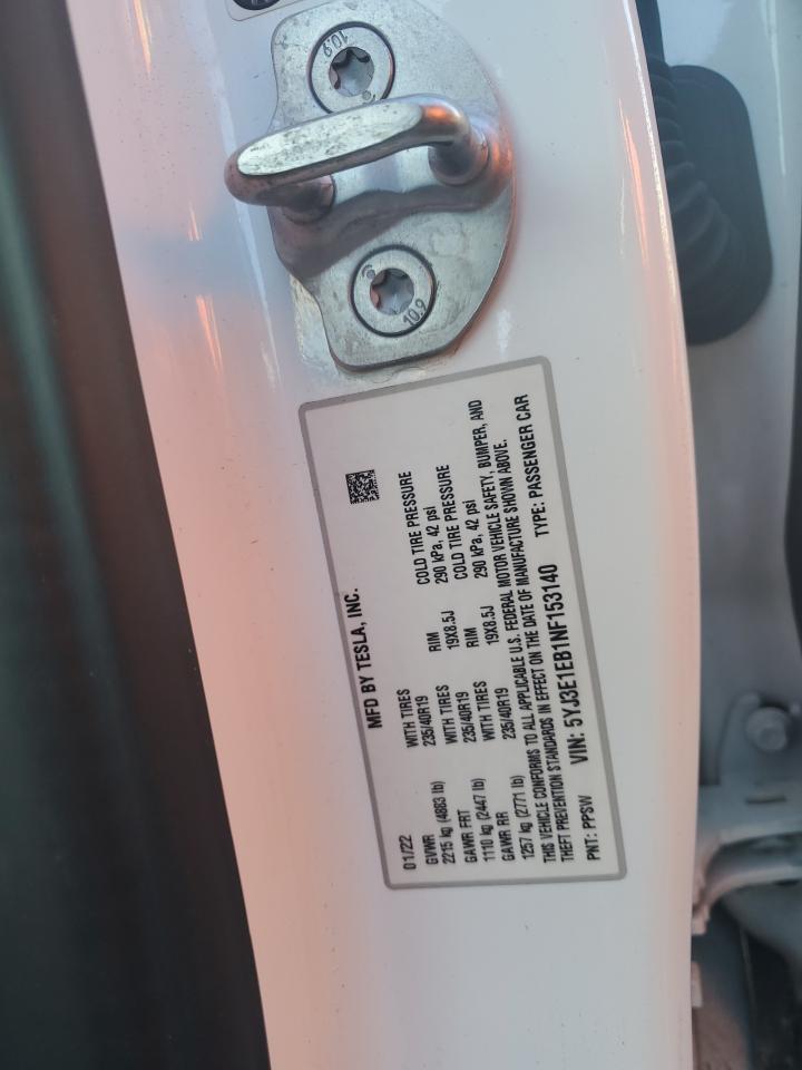 2022 TESLA MODEL 3  VIN:5YJ3E1EB1NF153140