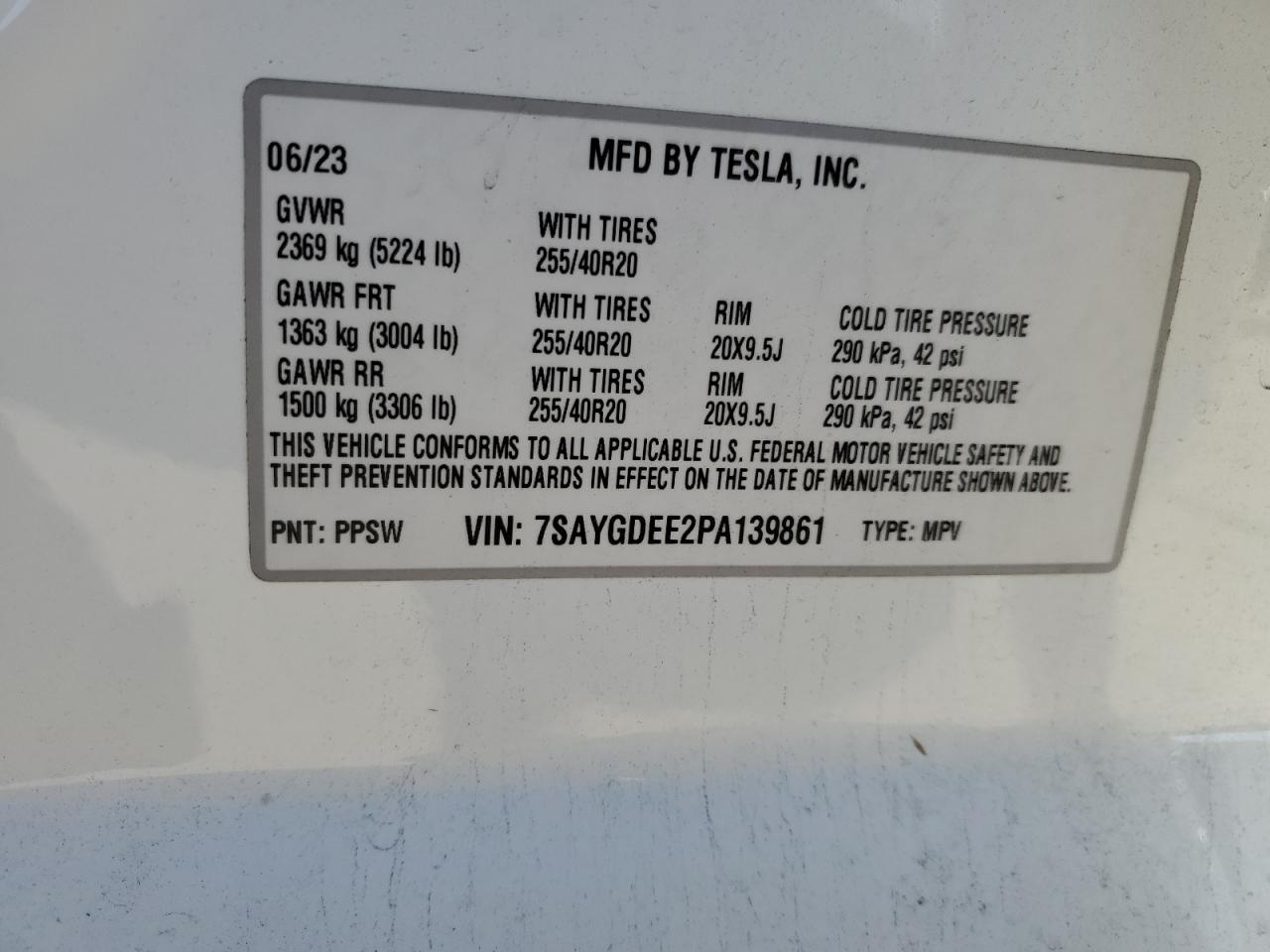 2023 TESLA MODEL Y  VIN:7SAYGDEE2PA139861