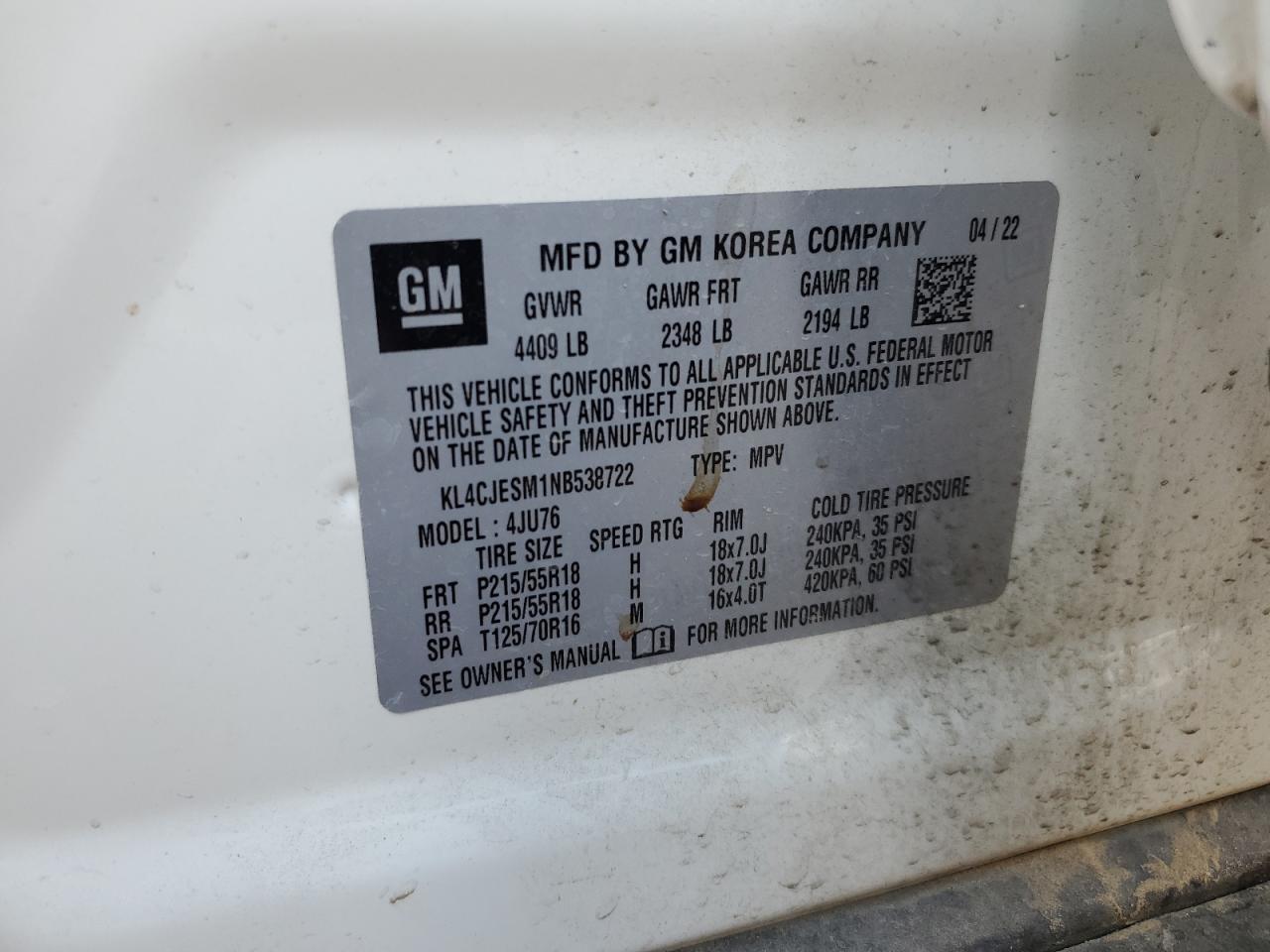 2022 BUICK ENCORE PREFERRED VIN:KL4CJESM1NB538722