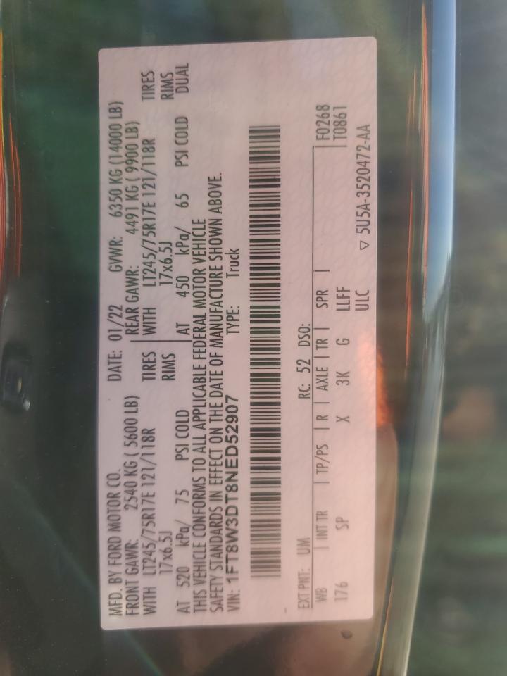 2022 FORD F350 SUPER DUTY VIN:1FT8W3DT8NED52907