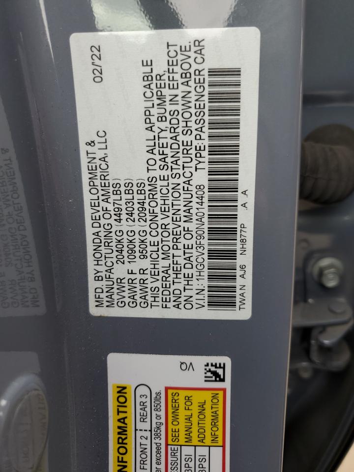 2022 HONDA ACCORD TOURING HYBRID VIN:1HGCV3F90NA014408