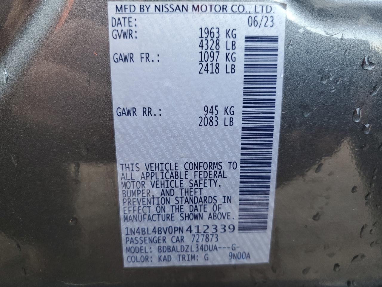 2023 NISSAN ALTIMA S VIN:1N4BL4BV0PN412339