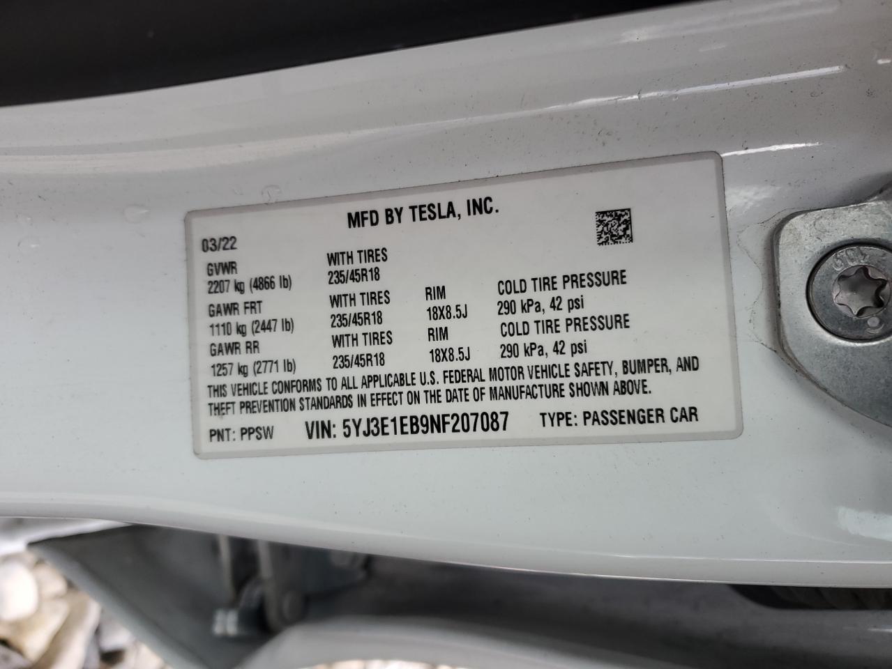 2022 TESLA MODEL 3  VIN:5YJ3E1EB9NF207087