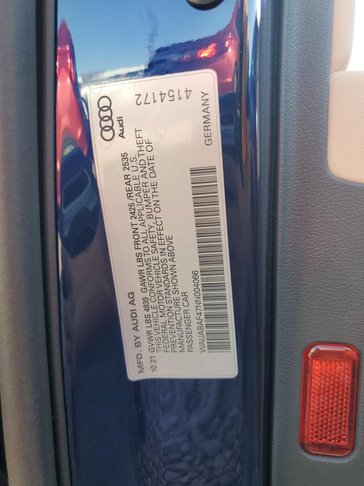 2022 AUDI A4 PREMIUM 40 VIN:WAUABAF47NN004066