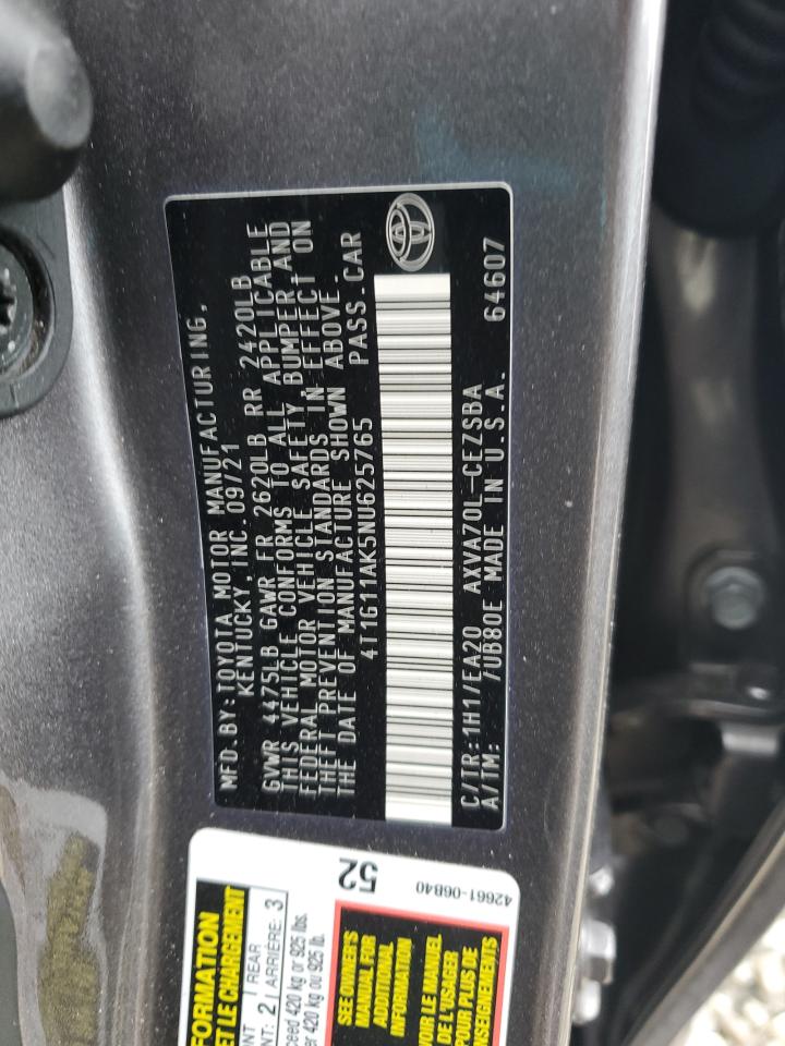2022 TOYOTA CAMRY SE VIN:4T1G11AK5NU625765