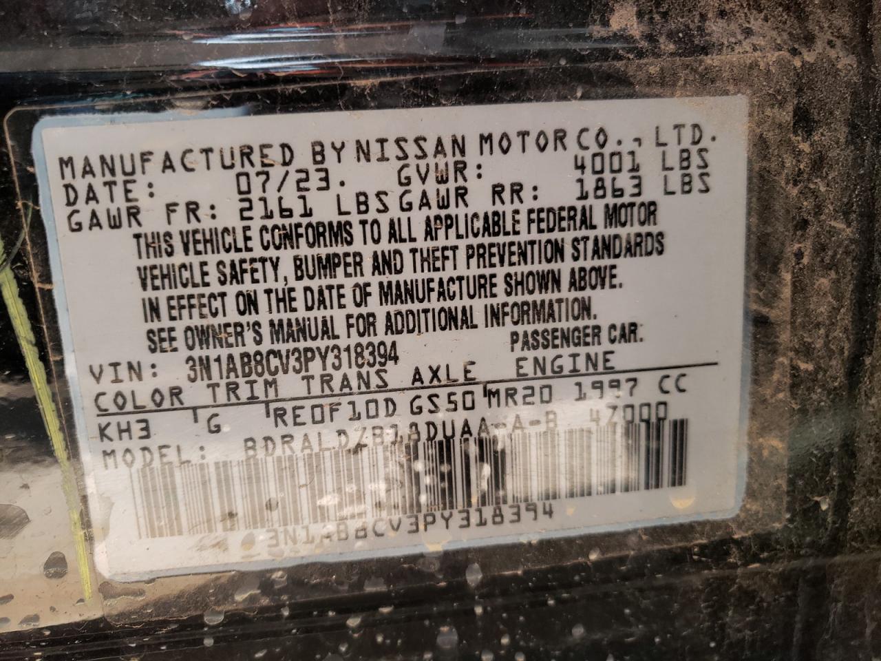 2023 NISSAN SENTRA SV VIN:3N1AB8CV3PY318394