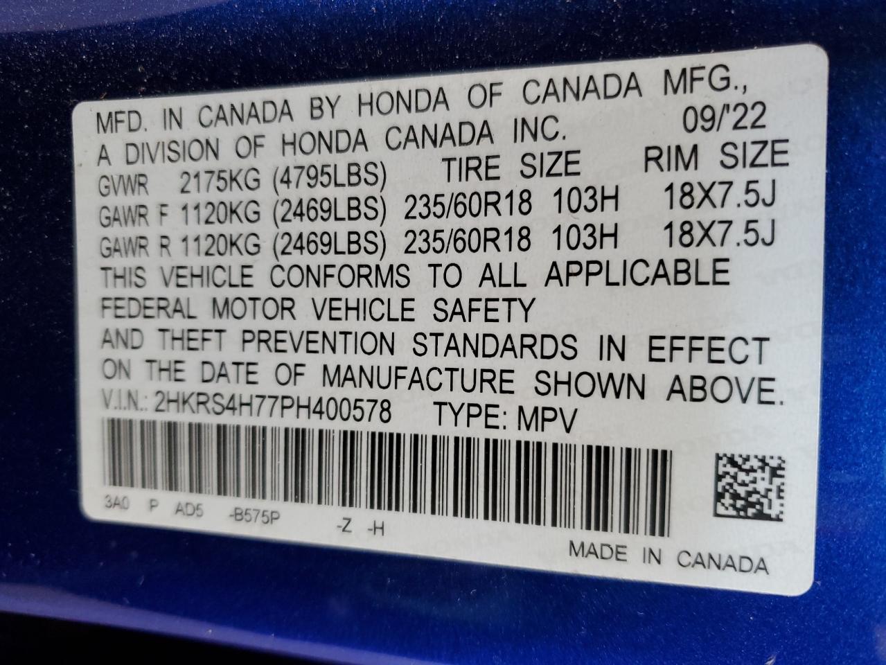 2023 HONDA CR-V EXL VIN:2HKRS4H77PH400578