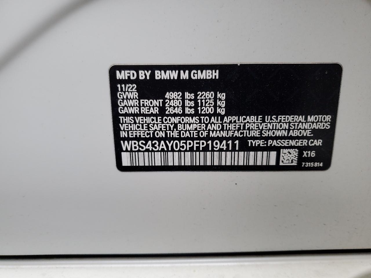 2023 BMW M3 COMPETITION VIN:WBS43AY05PFP19411