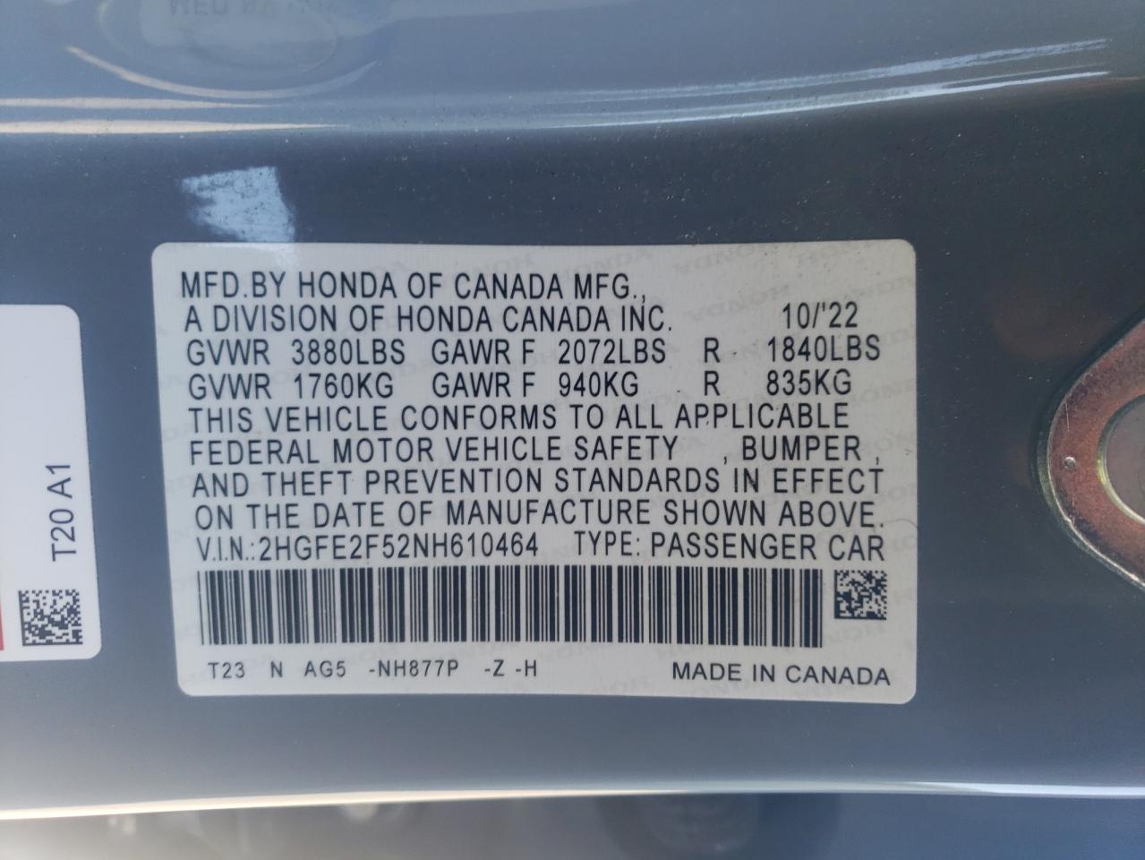 2022 HONDA CIVIC SPORT VIN:2HGFE2F52NH610464