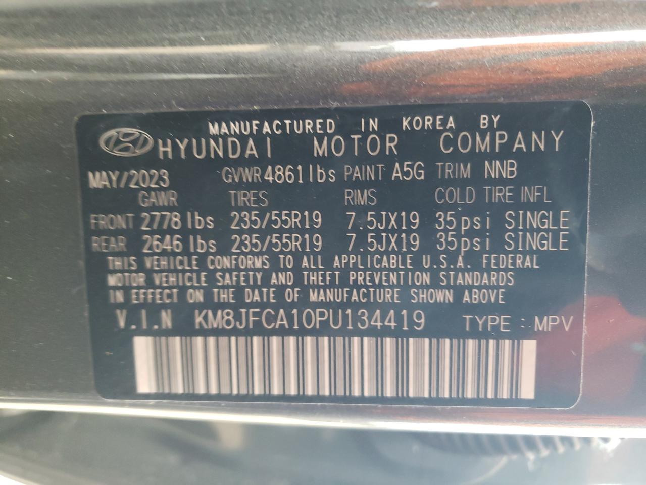 2023 HYUNDAI TUCSON SEL CONVENIENCE VIN:KM8JFCA10PU134419