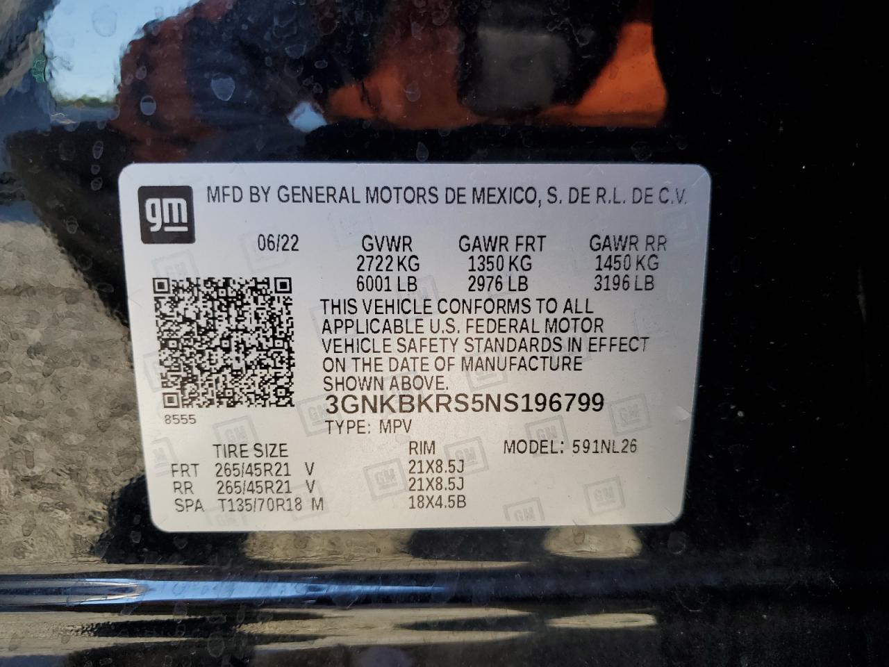 2022 CHEVROLET BLAZER RS VIN:3GNKBKRS5NS196799