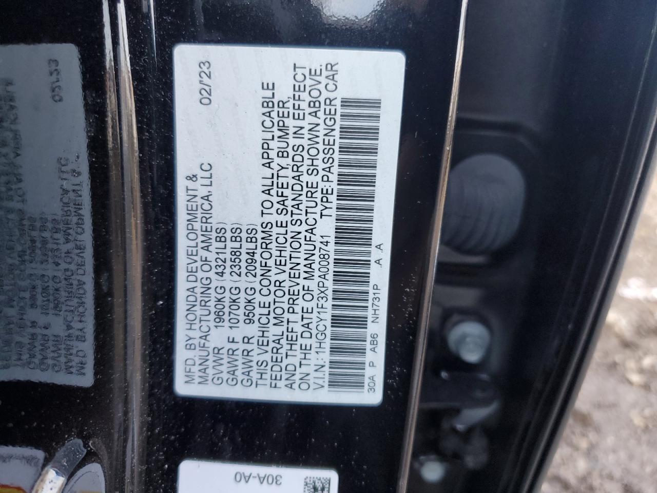 2023 HONDA ACCORD EX VIN:1HGCY1F3XPA008741
