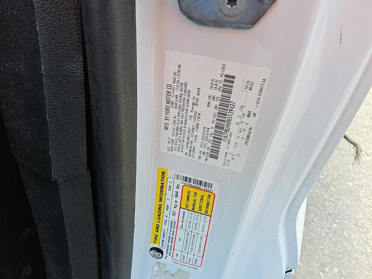 2022 FORD MUSTANG  VIN:1FATP8UH0N5129427