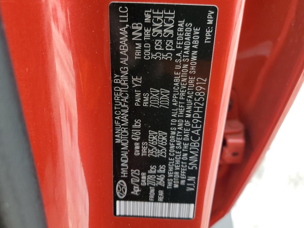 2023 HYUNDAI TUCSON SEL VIN:5NMJBCAE9PH258912