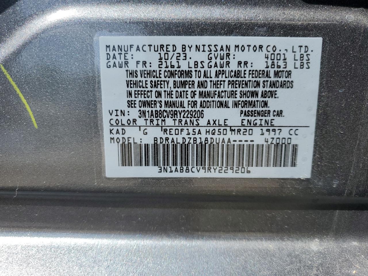 2024 NISSAN SENTRA SV VIN:3N1AB8CV9RY229206