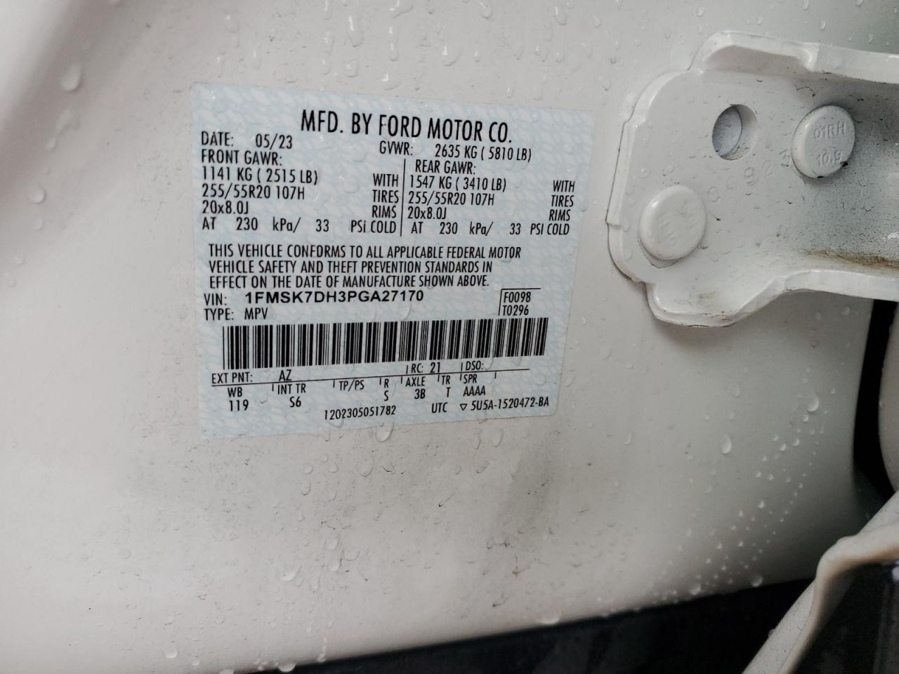 2023 FORD EXPLORER XLT VIN:1FMSK7DH3PGA27170