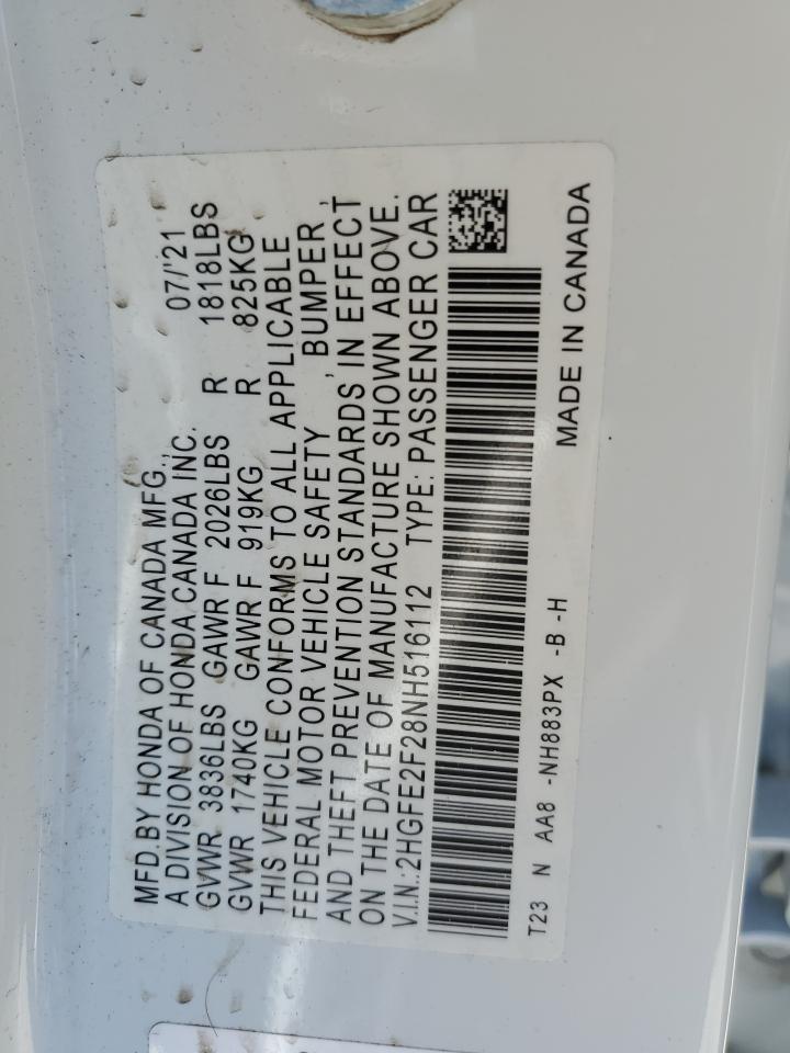 2022 HONDA CIVIC LX VIN:2HGFE2F28NH516112