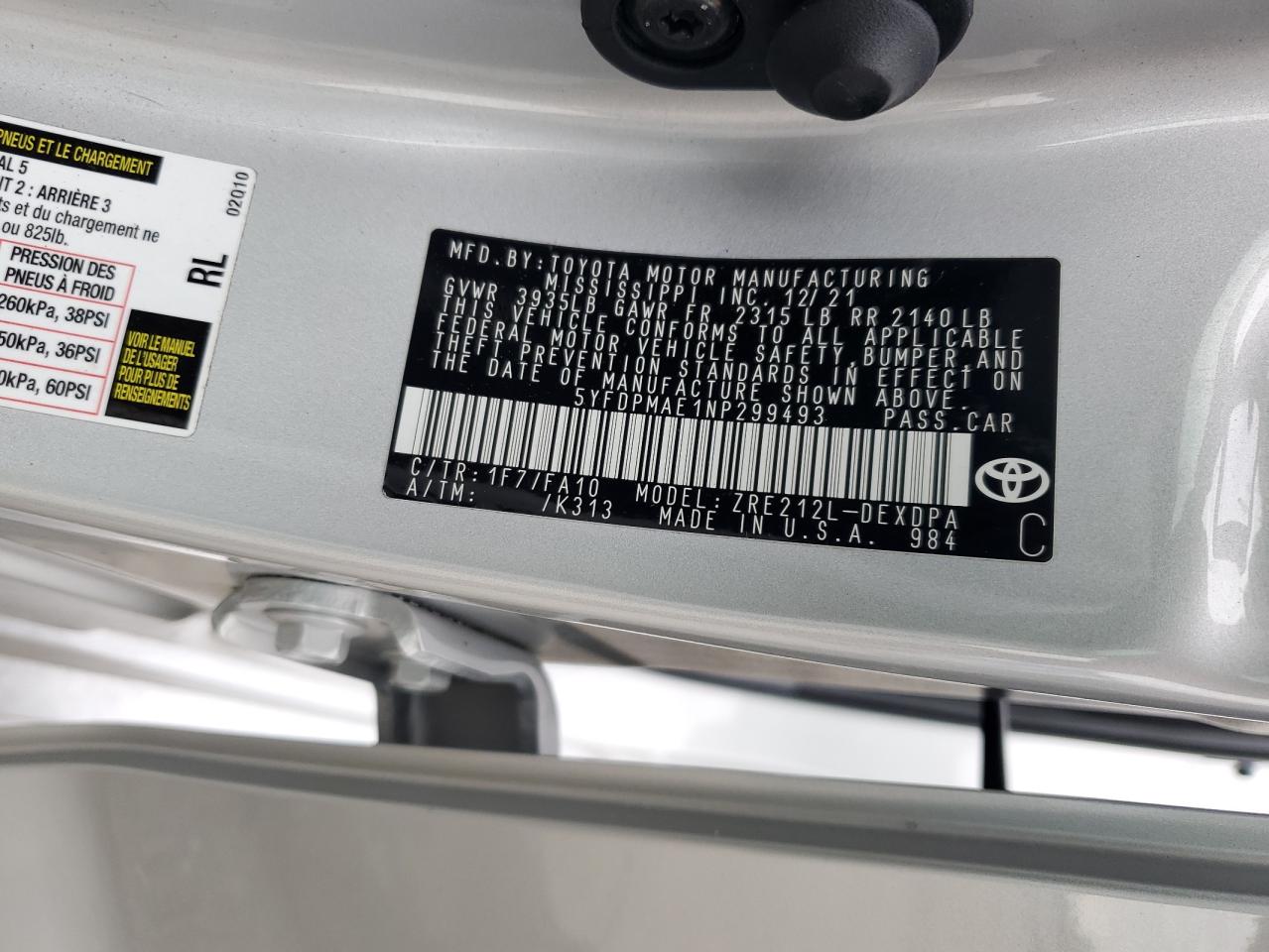 2022 TOYOTA COROLLA L VIN:5YFDPMAE1NP299493