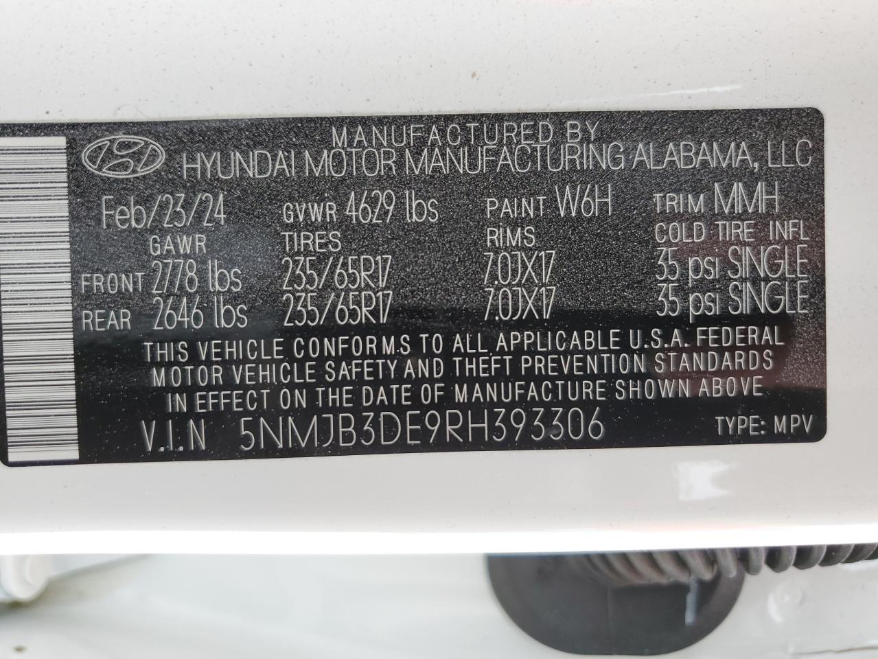 2024 HYUNDAI TUCSON SEL VIN:5NMJB3DE9RH393306