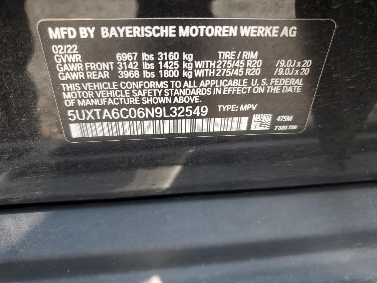 2022 BMW X5 XDRIVE45E VIN:5UXTA6C06N9L32549