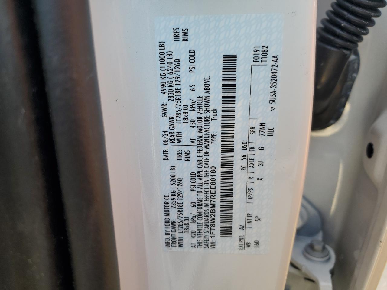 2024 FORD F250 SUPER DUTY VIN:1FT8W2BM7REE80180