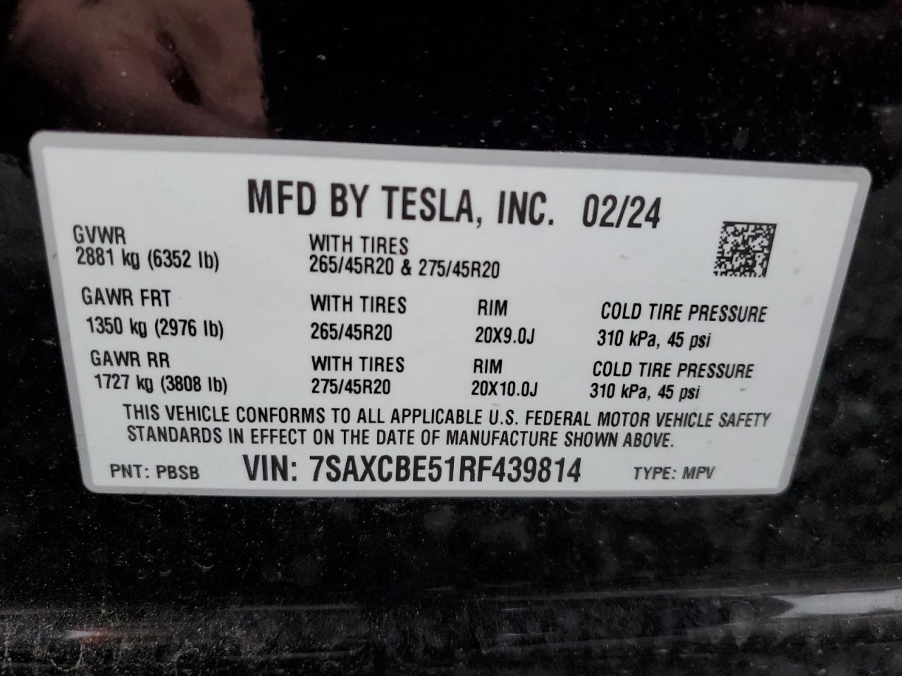 2024 TESLA MODEL X  VIN:7SAXCBE51RF439814