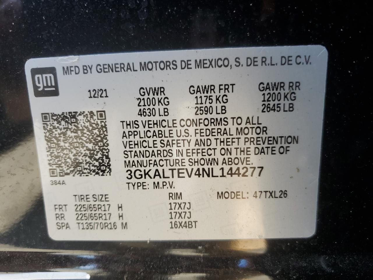 2022 GMC TERRAIN SLE VIN:3GKALTEV4NL144277