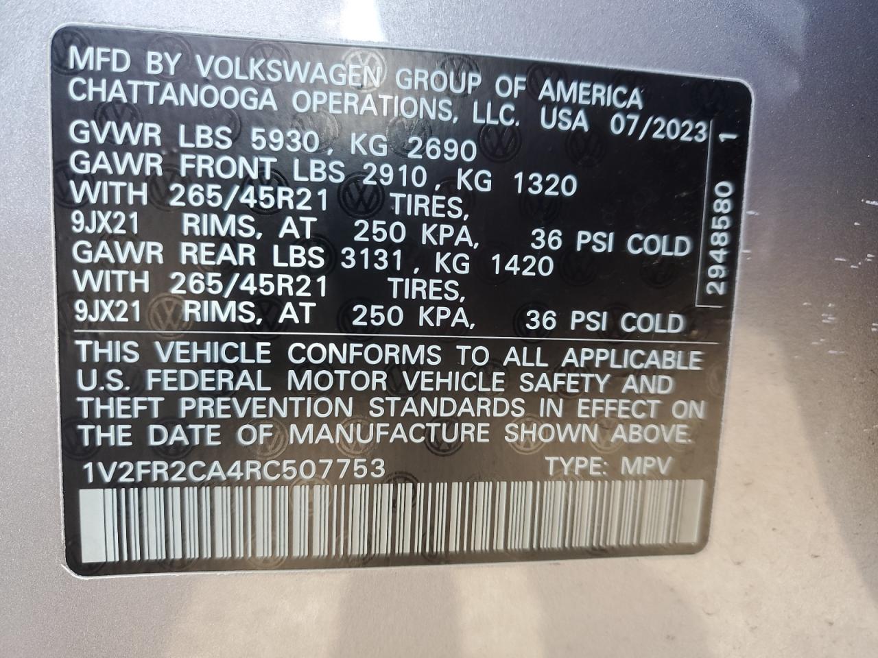 2024 VOLKSWAGEN ATLAS SEL PREMIUM R-LINE VIN:1V2FR2CA4RC507753