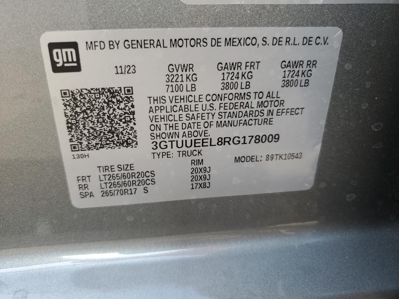2024 GMC SIERRA K1500 AT4 VIN:3GTUUEEL8RG178009