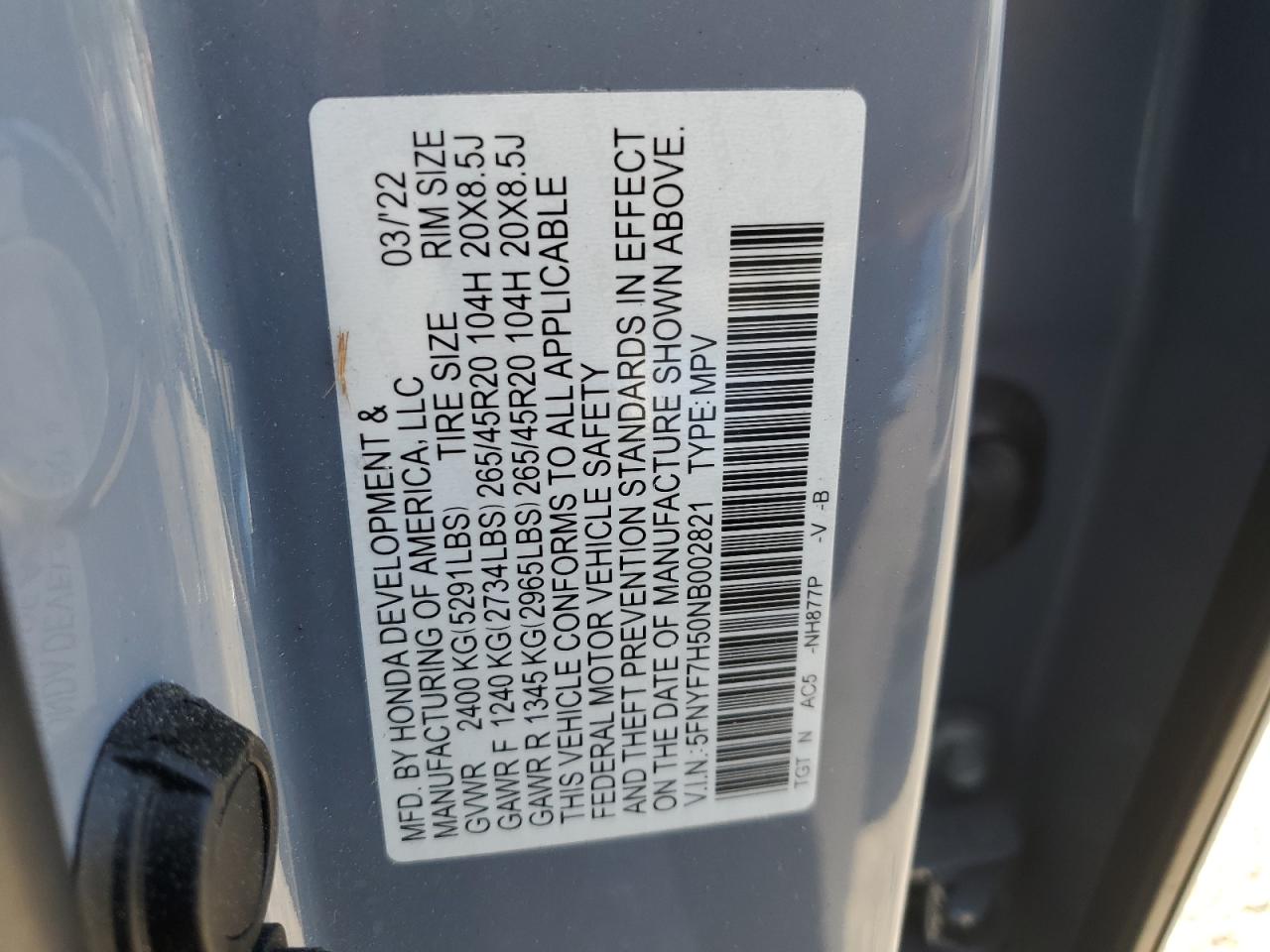 2022 HONDA PASSPORT EXL VIN:5FNYF7H50NB002821