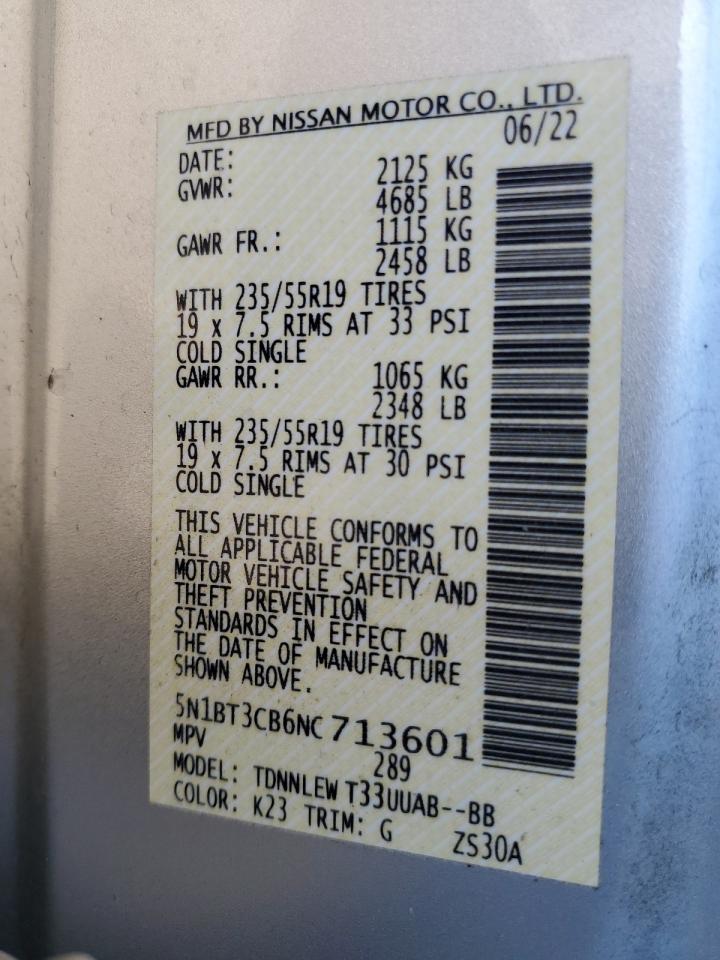 2022 NISSAN ROGUE SL VIN:5N1BT3CB6NC713601