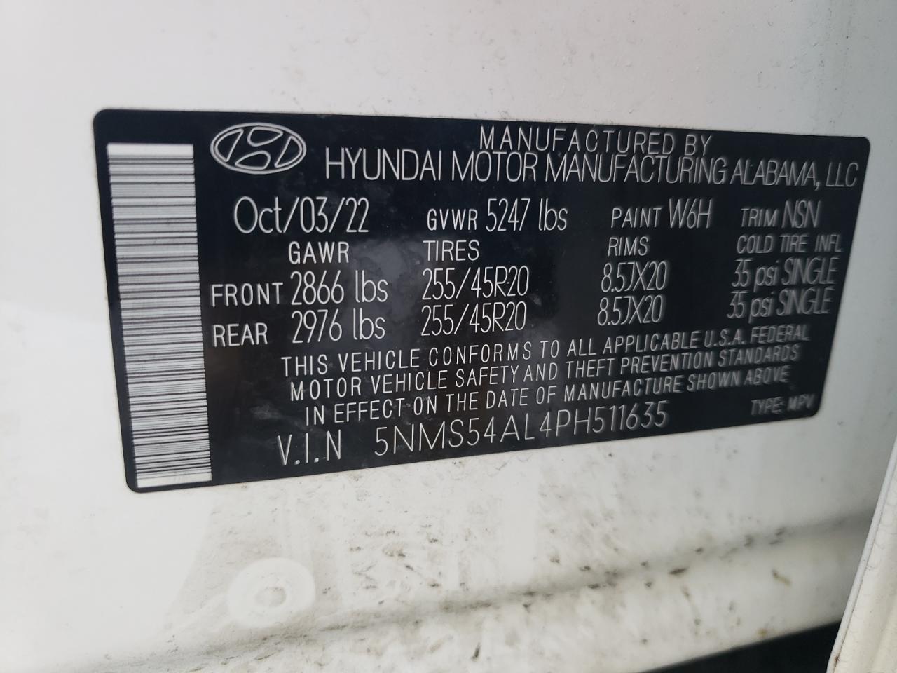 2023 HYUNDAI SANTA FE CALLIGRAPHY VIN:5NMS54AL4PH511635