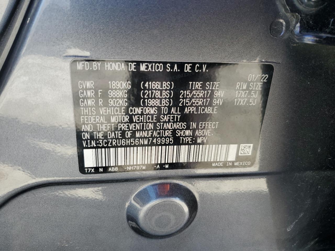 2022 HONDA HR-V EX VIN:3CZRU6H56NM749995