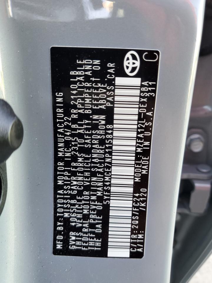 2022 TOYOTA COROLLA SE VIN:5YFS4MCE7NP115848