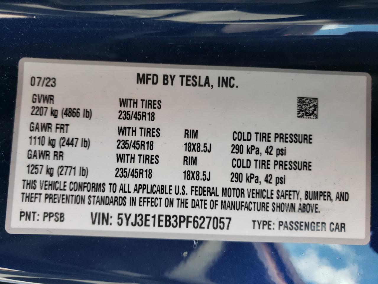 2023 TESLA MODEL 3  VIN:5YJ3E1EB3PF627057