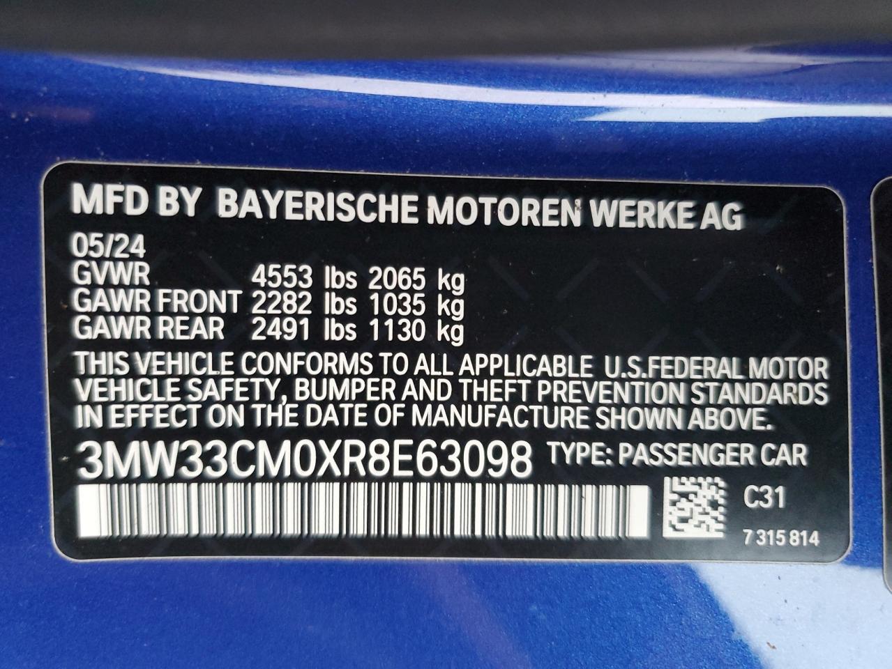 2024 BMW 230XI  VIN:3MW33CM0XR8E63098