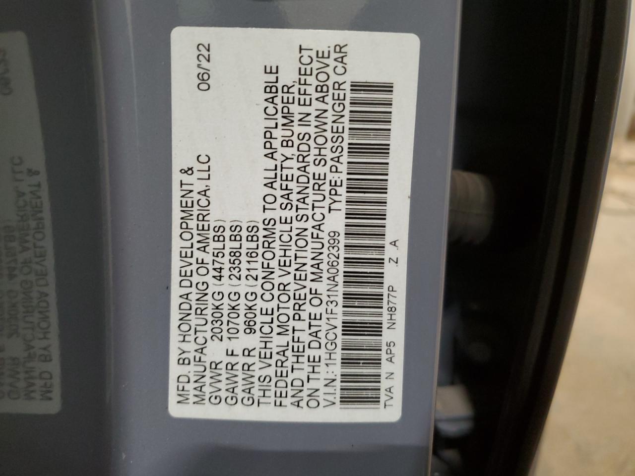 2022 HONDA ACCORD SPORT VIN:1HGCV1F31NA062399