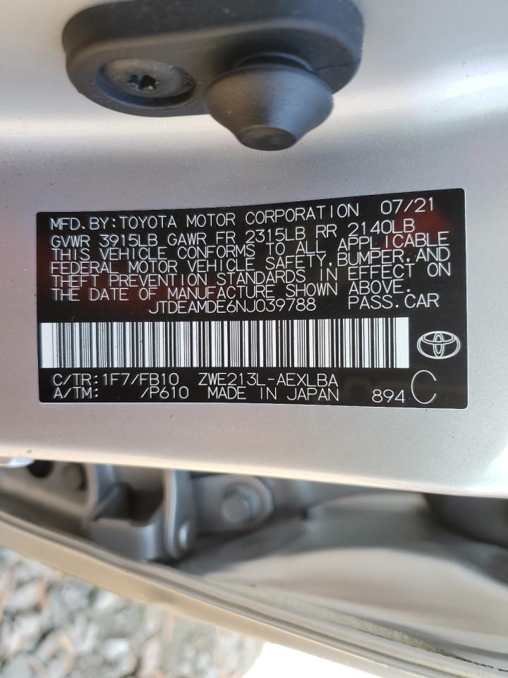 2022 TOYOTA COROLLA LE VIN:JTDEAMDE6NJ039788