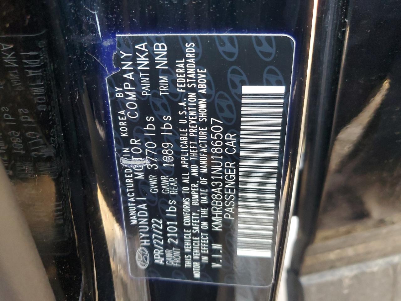 2022 HYUNDAI VENUE SE VIN:KMHRB8A31NU186507