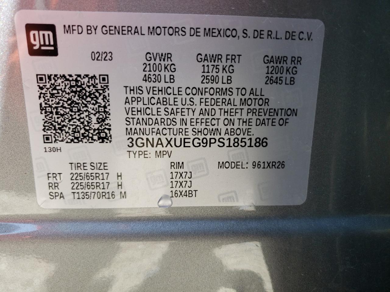 2023 CHEVROLET EQUINOX LT VIN:3GNAXUEG9PS185186