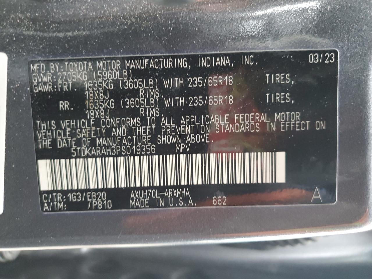 2023 TOYOTA HIGHLANDER HYBRID XLE VIN:5TDKARAH3PS019356