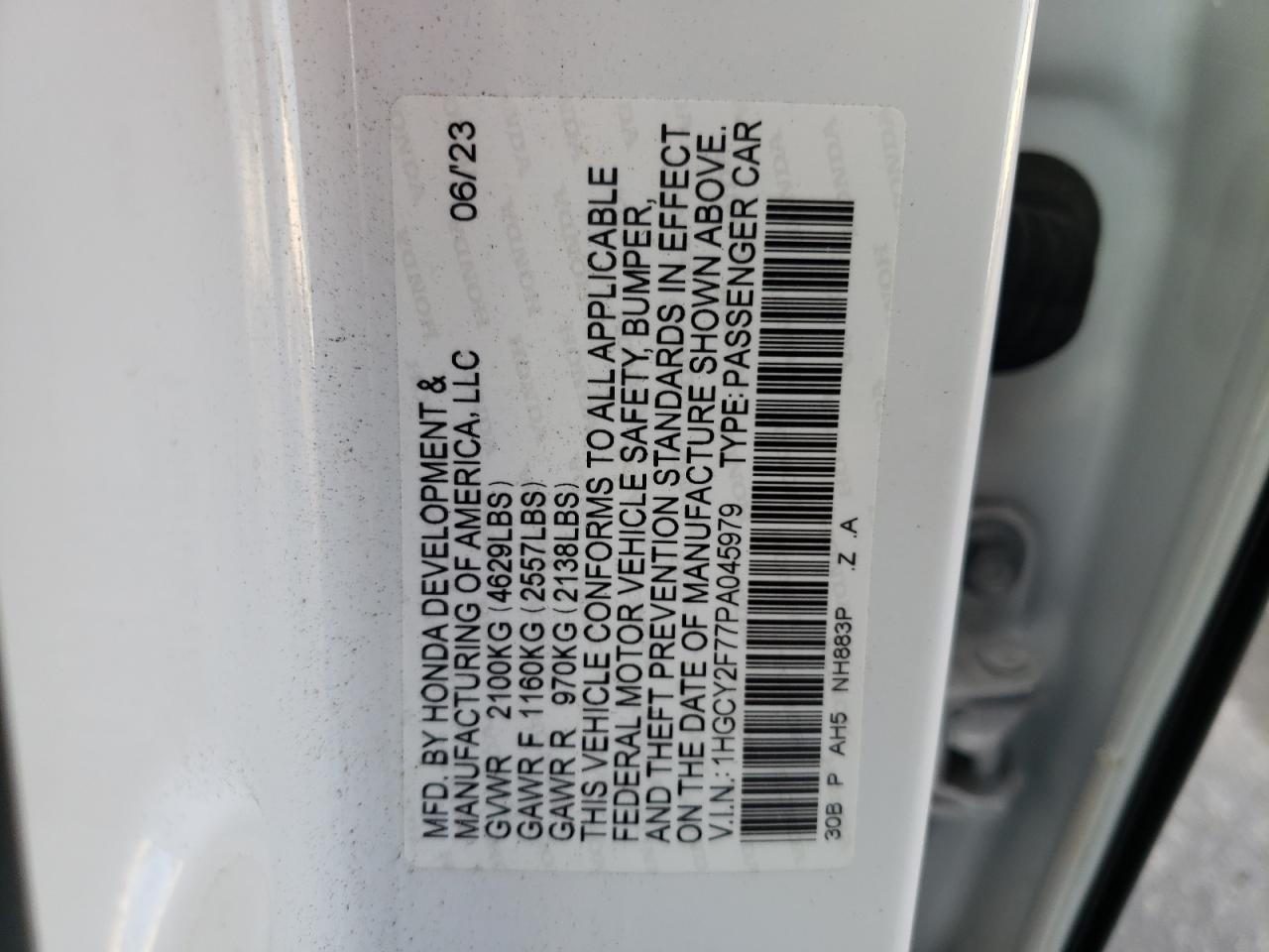 2023 HONDA ACCORD HYBRID SPORT-L VIN:1HGCY2F77PA045979