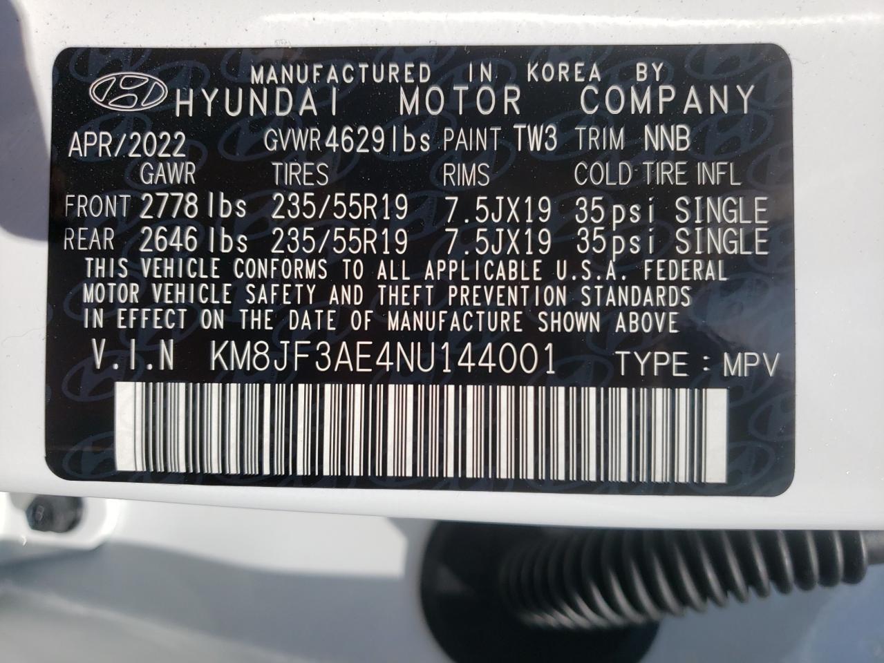 2022 HYUNDAI TUCSON N LINE VIN:KM8JF3AE4NU144001