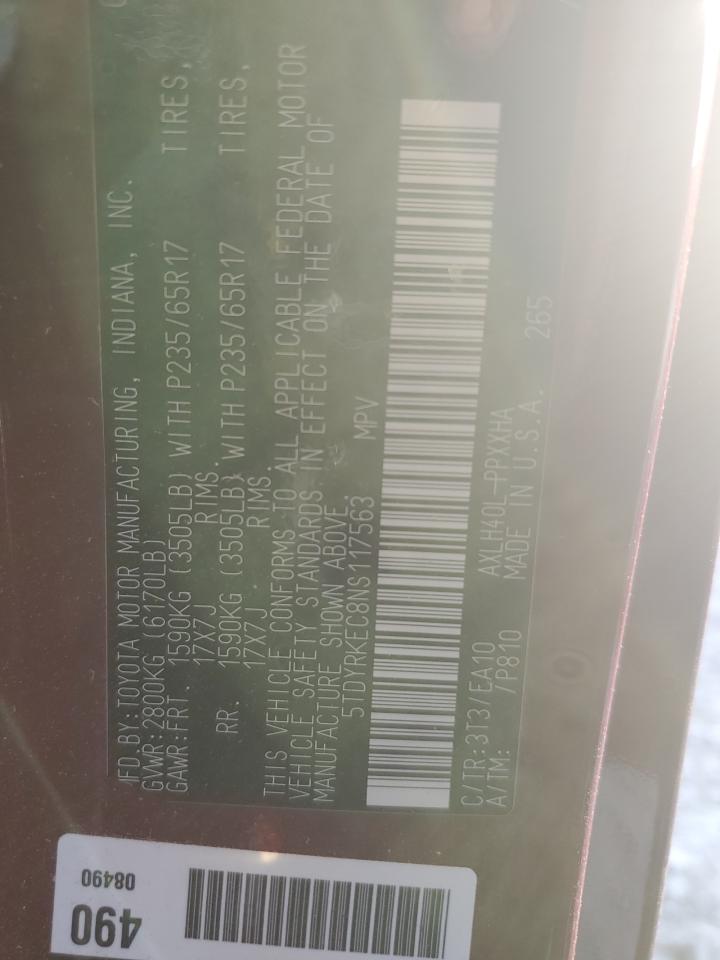 2022 TOYOTA SIENNA XLE VIN:5TDYRKEC8NS117563