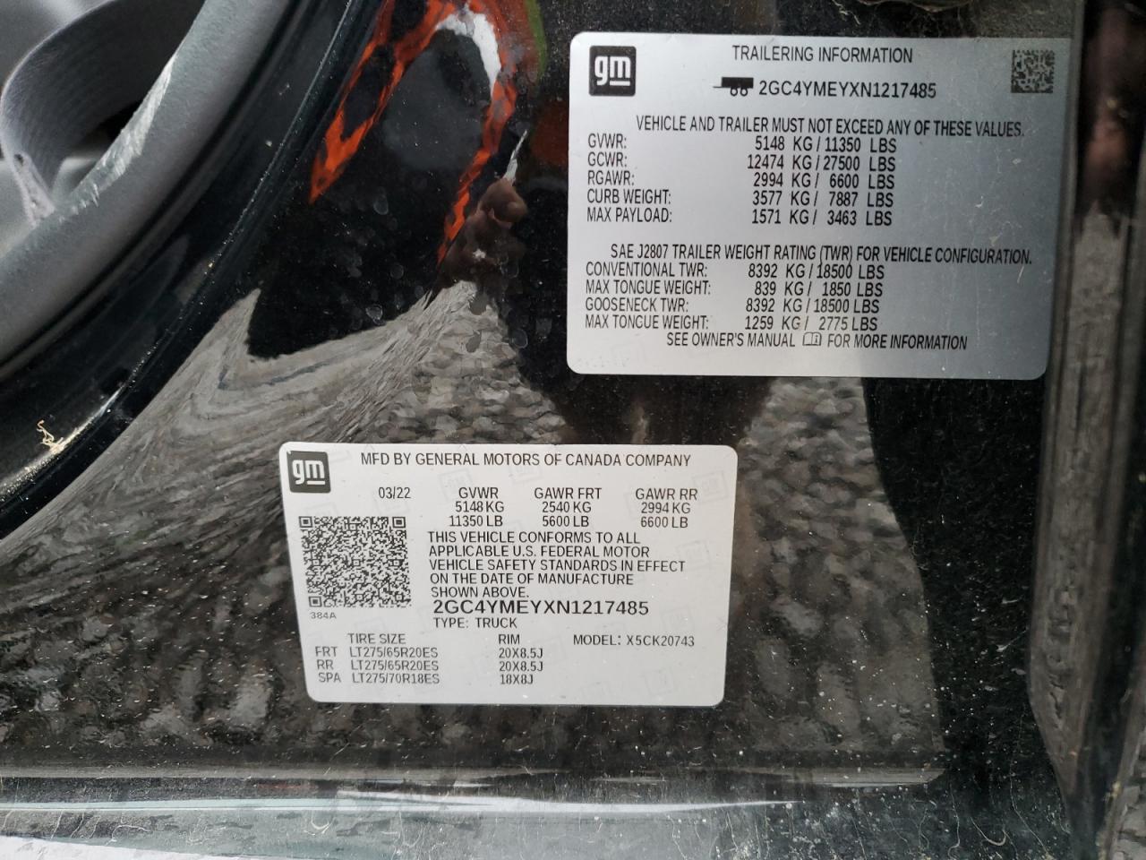 2022 CHEVROLET SILVERADO K2500 CUSTOM VIN:2GC4YMEYXN1217485