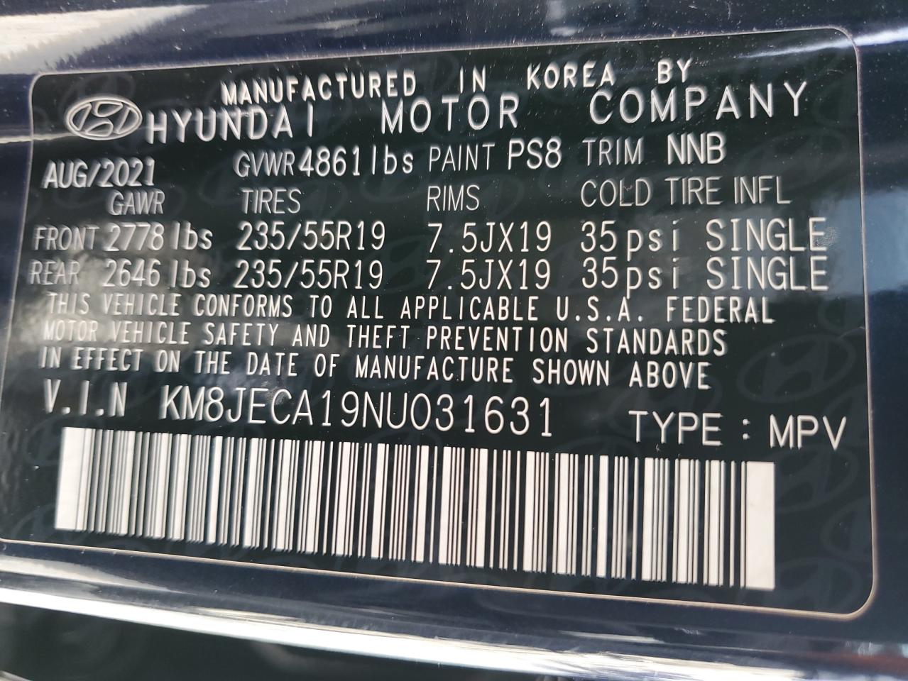 2022 HYUNDAI TUCSON LIMITED VIN:KM8JECA19NU031631